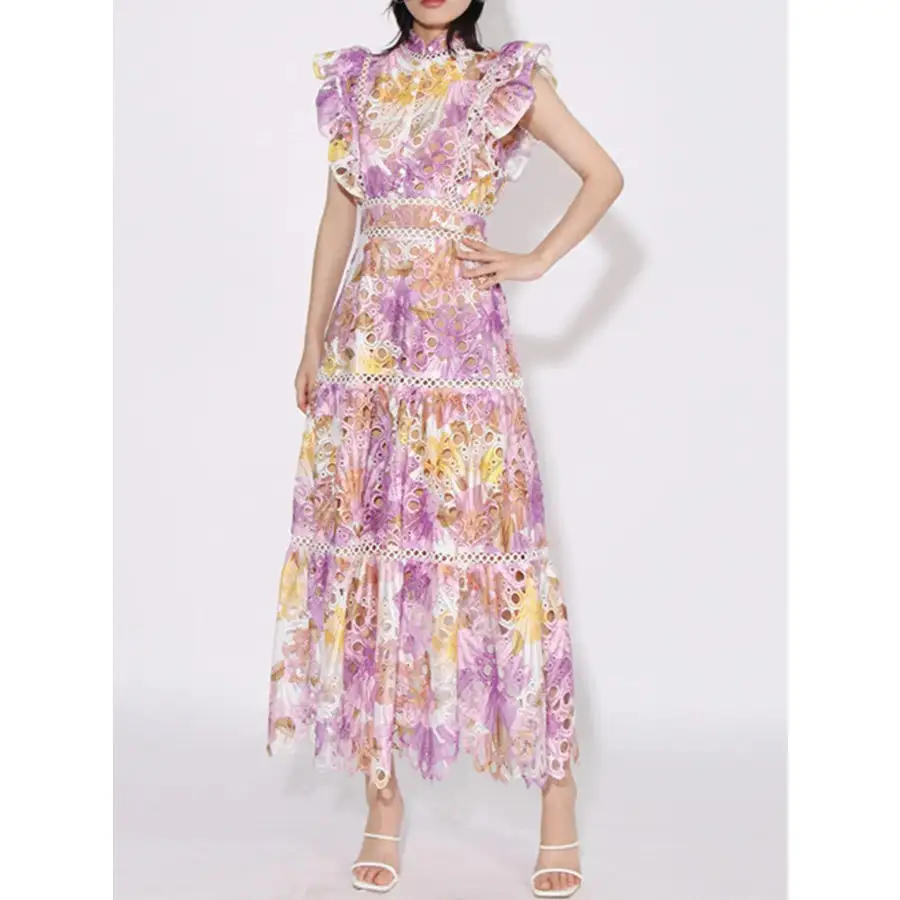 Ruffled Hollow Out Tiered Midi Dress