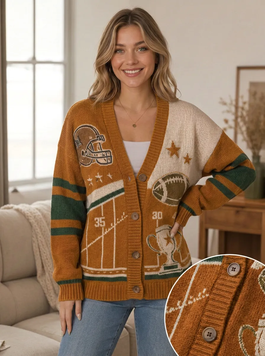 Women's Bold Gridiron Helmet Trophy Ball Knit Cardigan