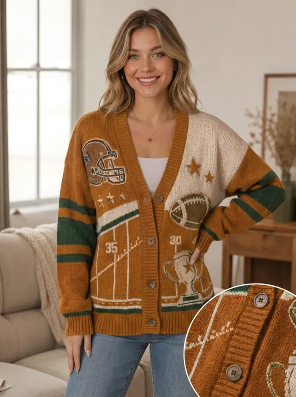 Women's Bold Gridiron Helmet Trophy Ball Knit Cardigan