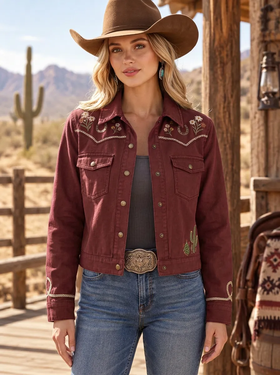 Women's Western Cowgirl Horseshoe Horse Cactus Floral Embroidery Denim Jacket