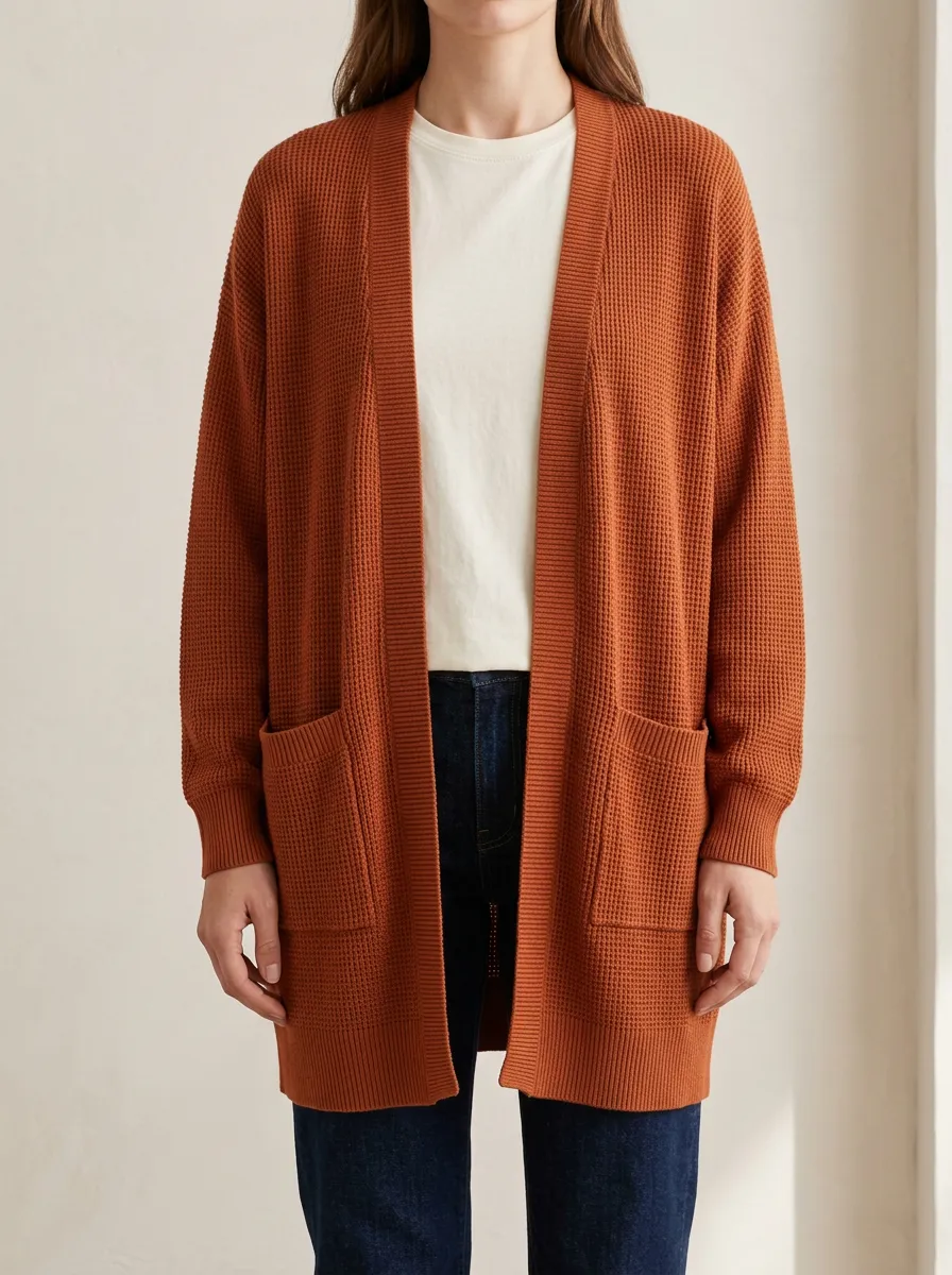 Waffle-Knit Knit Cardigan