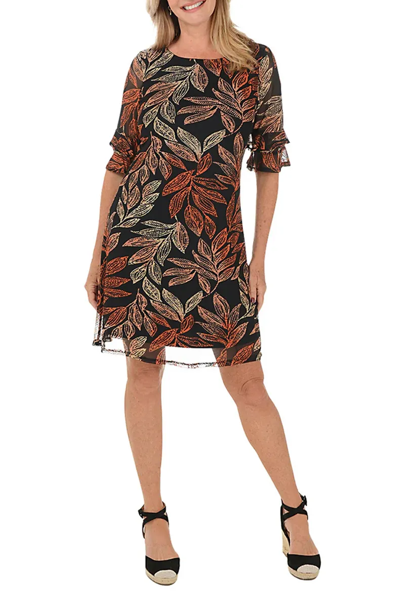 Leafy Mesh Overlay Ruffle Sleeve Dress