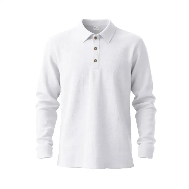 Men's Long-Sleeve Polo Shirt Cotton Gauze With A Shirt Collar Three-button Placket And Relaxed Fit