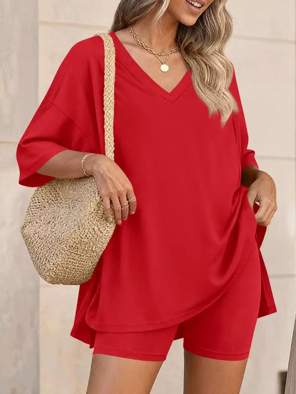 Casual Loose V Neck T Shirt Shorts Sets