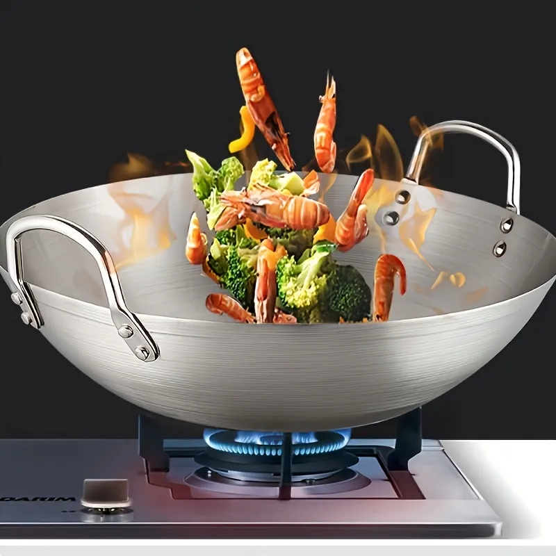 Durable Large Stainless Steel Wok, Kitchen Essential for Family-Style Cooking