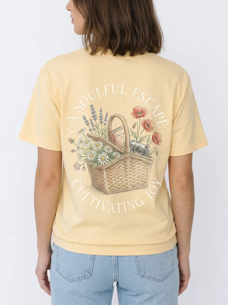 Women's Picnic Lover Flower Basket Camera Printed T-shirt