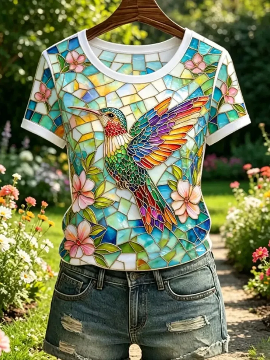 Women's Floral Hummingbird Print Casual T-Shirt