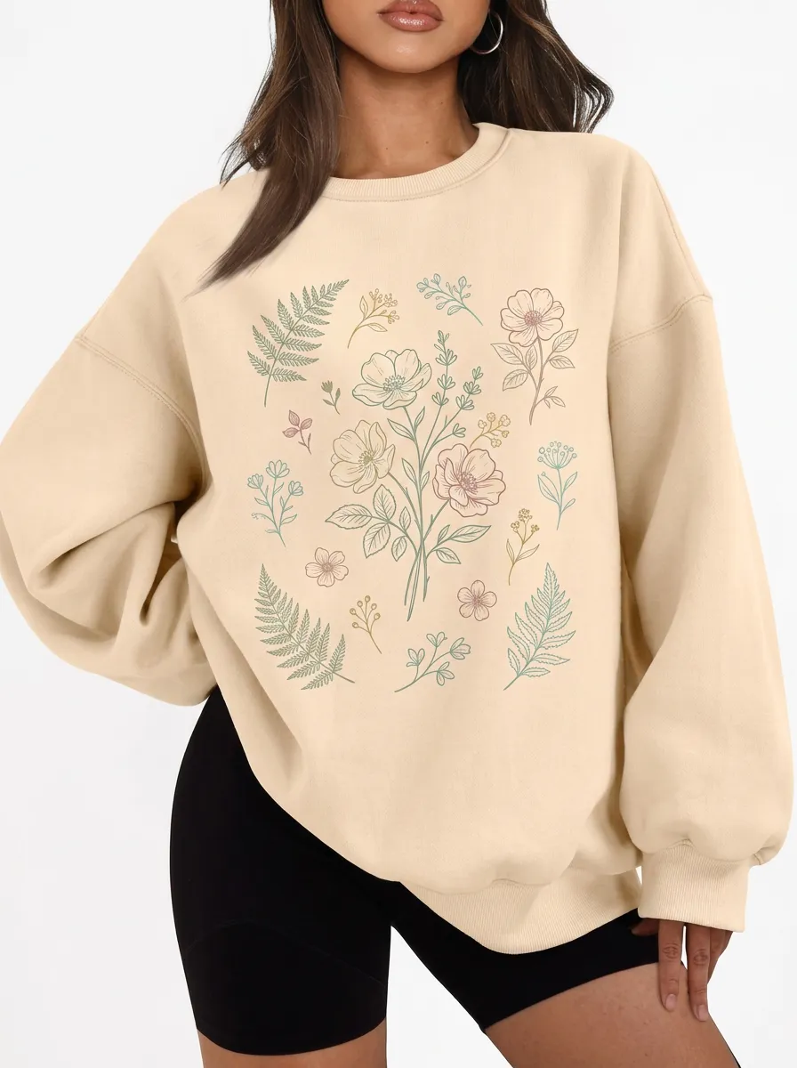 Women's Botanical Nature Lover Wildflower Fern Printed Sweatshirt