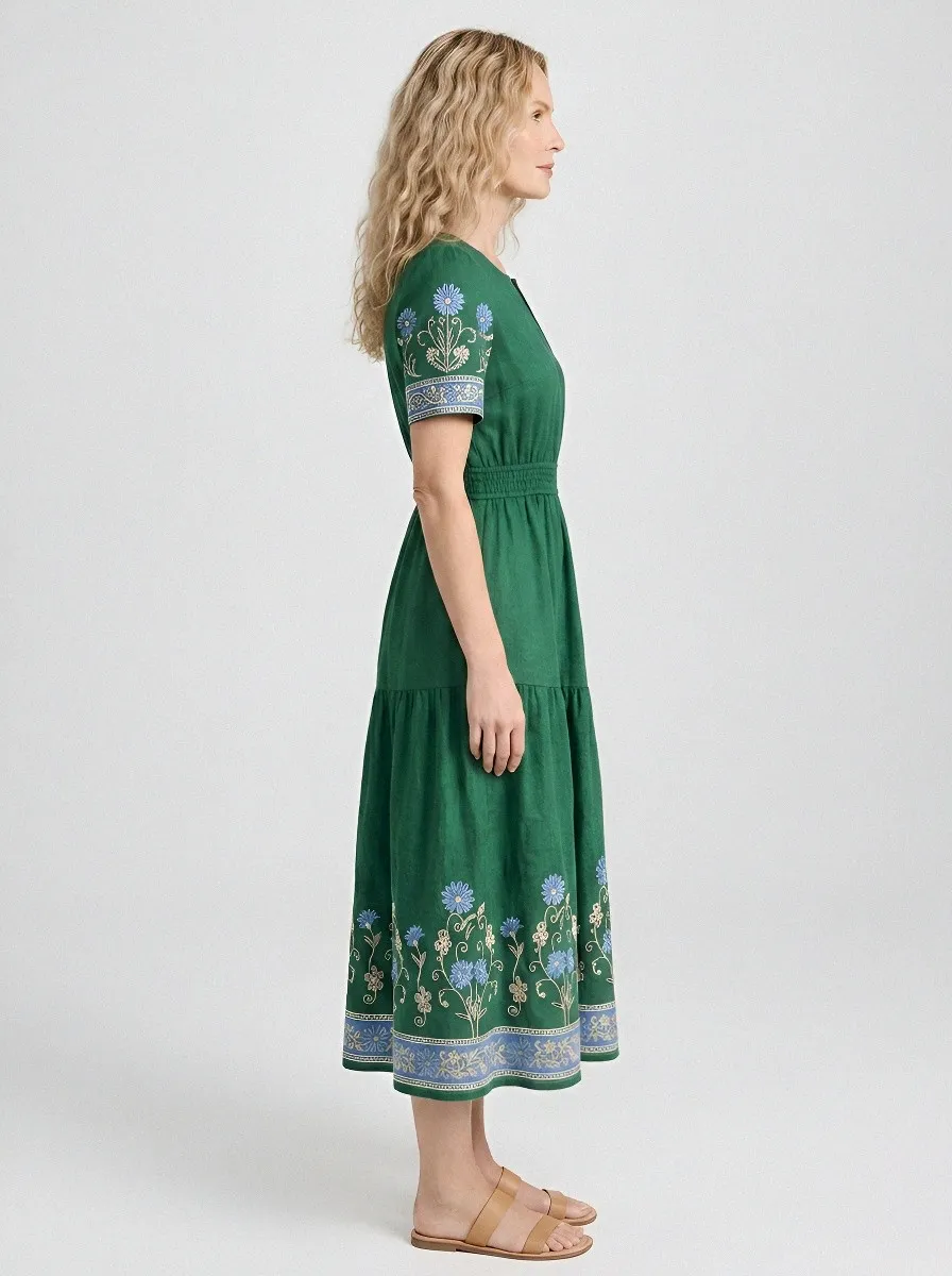Women's Summer Vacation Blue Floral Embroidered Printed Dress
