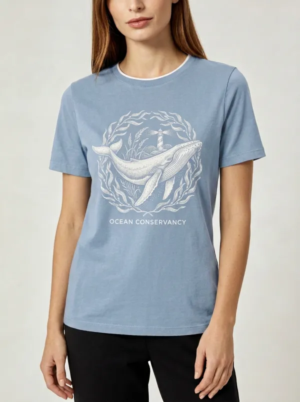 Women's Ocean Lover Whale Lighthouse Printed T-shirt