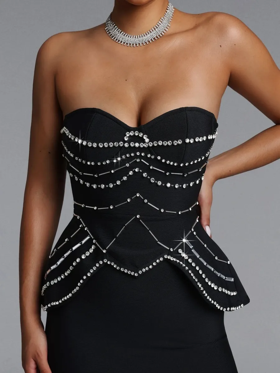 Kim  Crystal-Embellished Strapless Peplum Midi Dress
