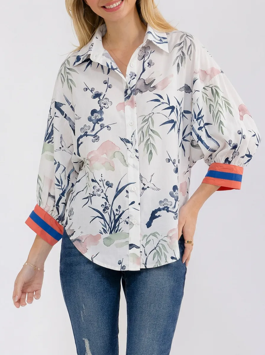 Women's Oriental Floral Crane Printed Button-up Shirt