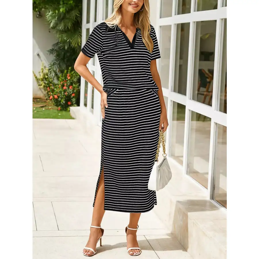 Modern Striped Polo Collar Top And Slit Skirt Two-Piece