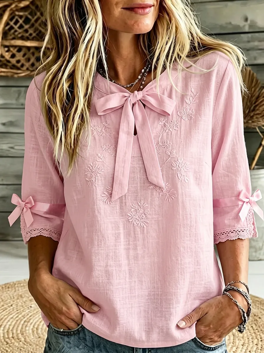 Women's Round Neck Bow-detail Lace-trim Blouse