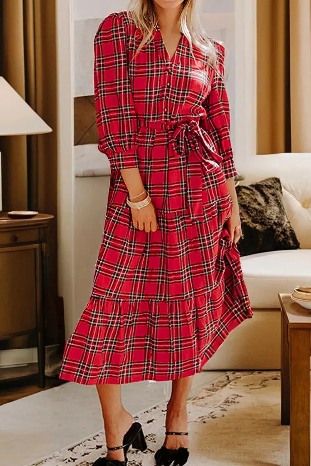 Plaid V-Neck Three-Quarter Sleeve Tie Waist Ruffle Hem Midi Dress