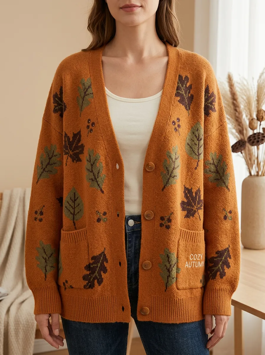 Harvest Maple Leaf Embroidered Women's Knit Cardigan