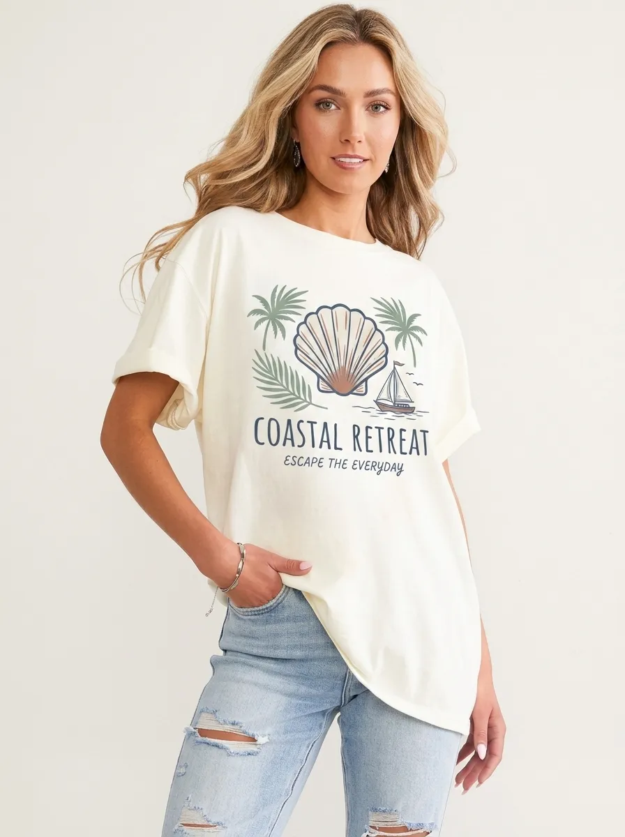 Women's Coastal Beach Lover Seashell Sailboat Printed T-shirt
