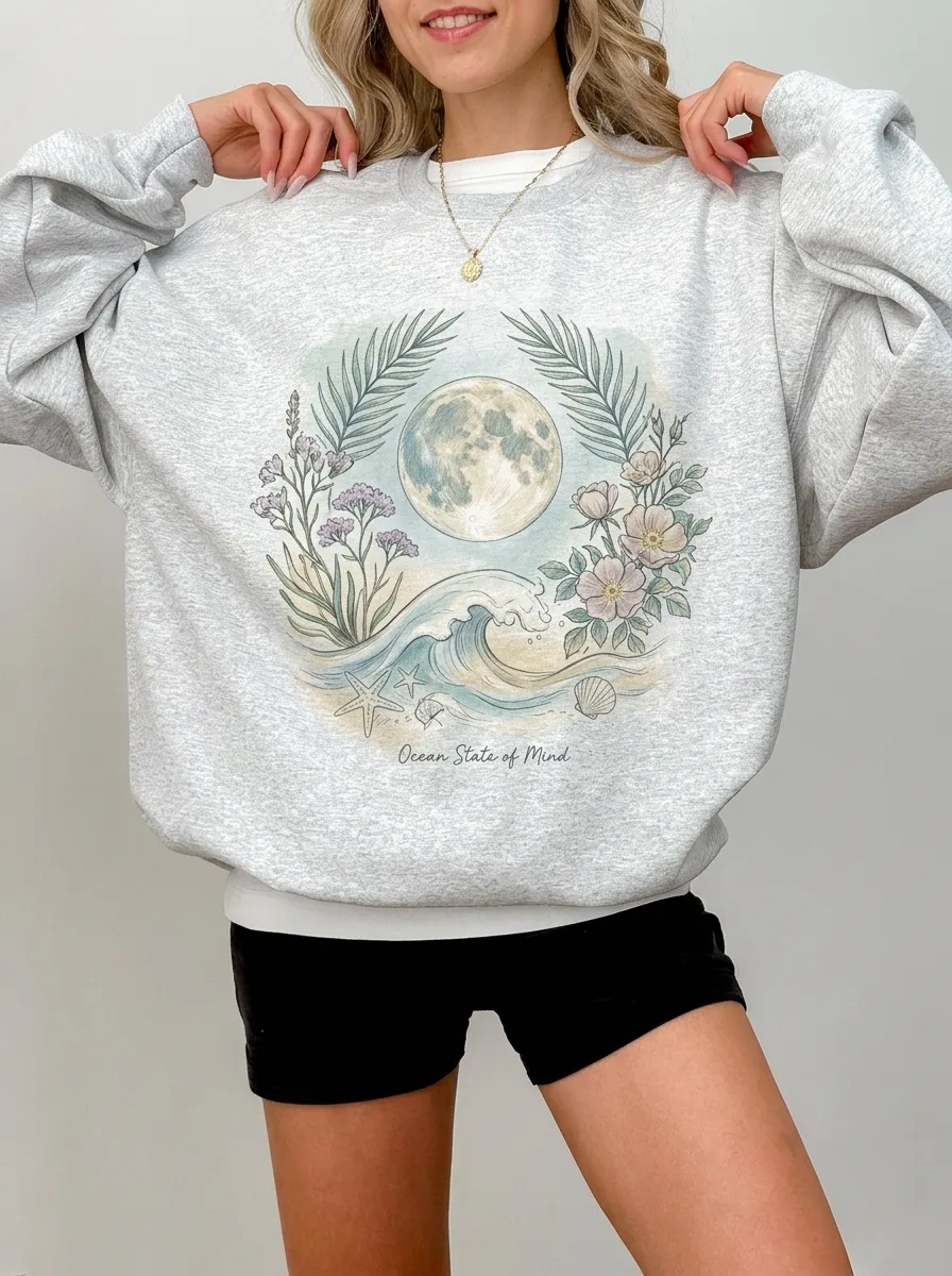 Women's Beach Lover Ocean State of Mind Moon Floral Printed Sweatshirt