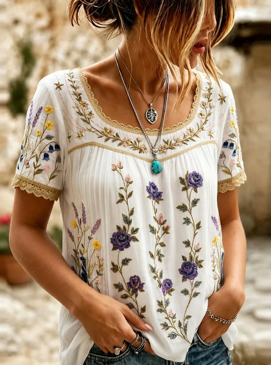 Women's Boho Floral Embroidered Vintage Printed T-shirt