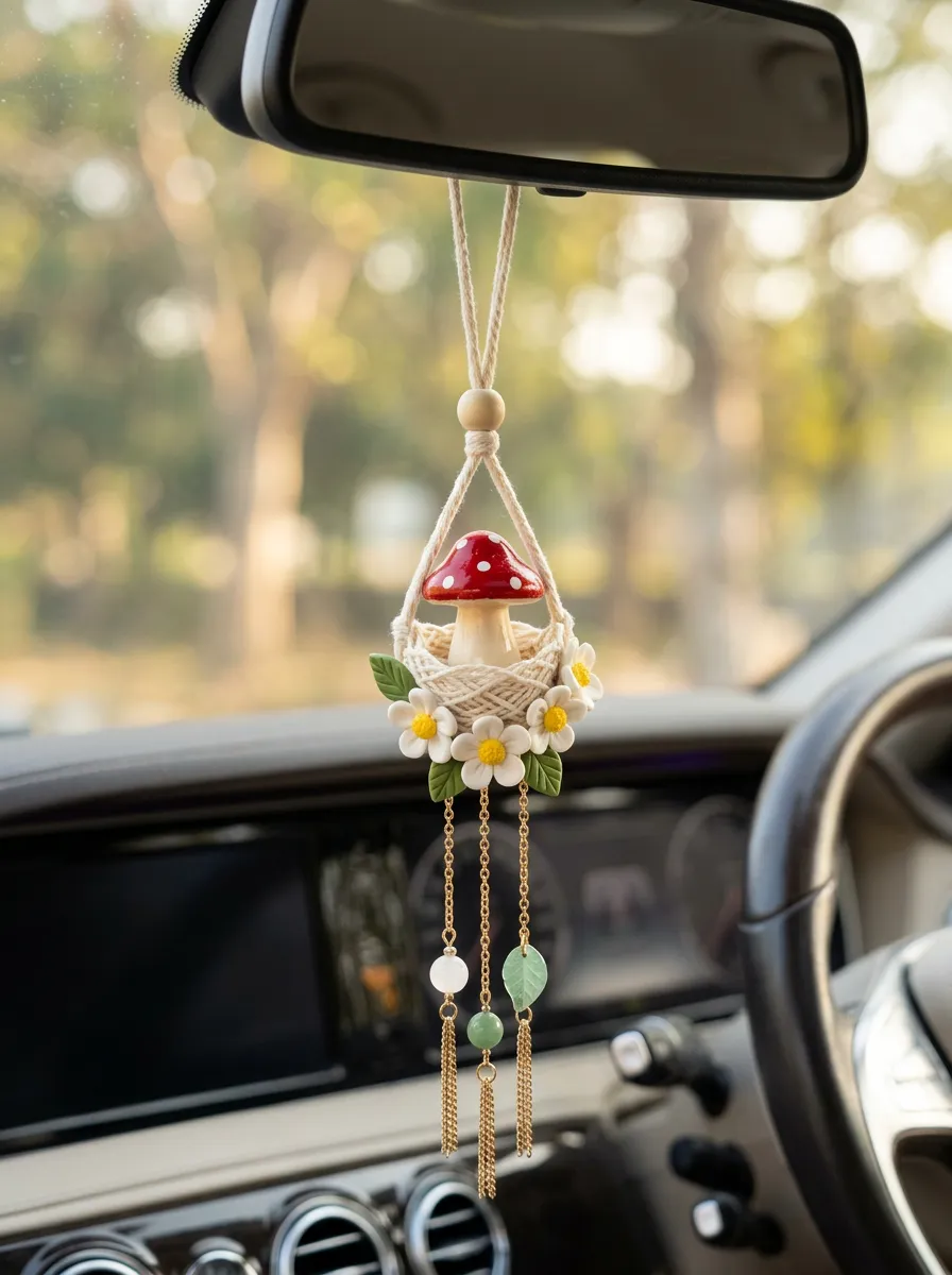 Macrame Mushroom Rearview Mirror Hanging Ornament