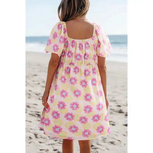 Square Neck Puff Sleeve Pleated Flared Midi Dress