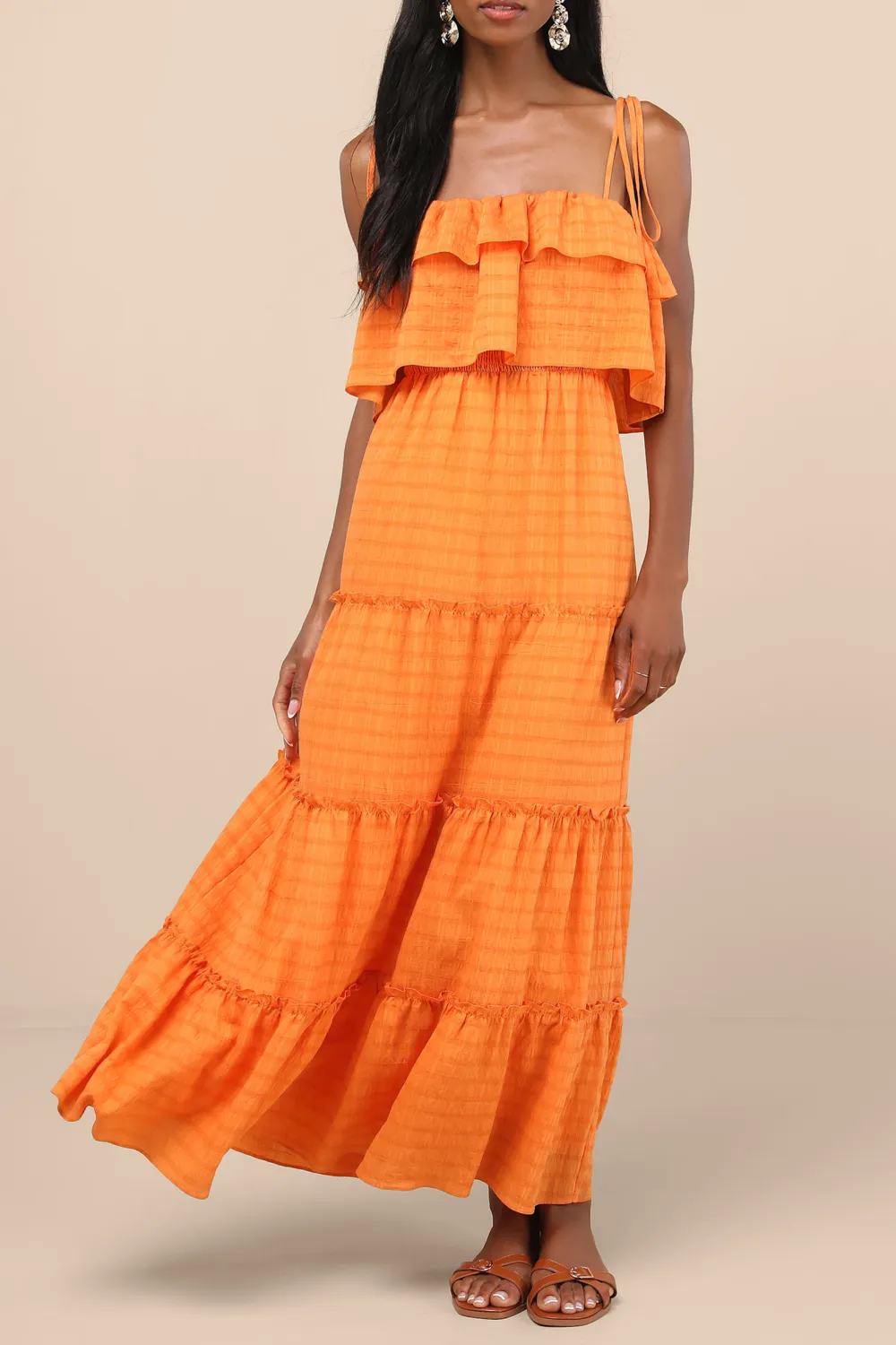 Casual Style  Ivory Textured Tie-Strap Tiered Maxi Dress