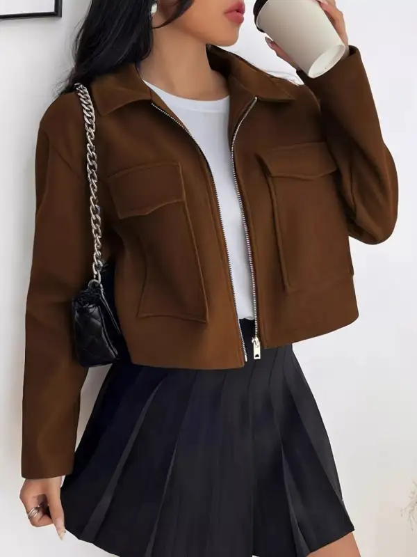 Cropped Zip-Up Pocketed Jacket