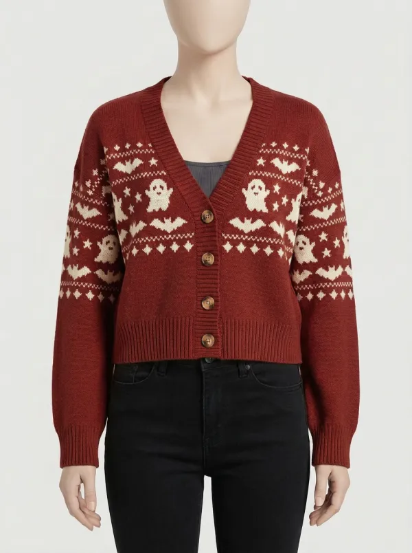 Women's Halloween Ghost Bat Pattern Knitted Cardigan