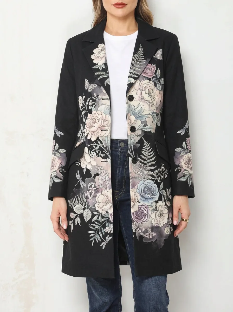 Women's Floral Botanical Butterfly Printed Long Blazer Coat