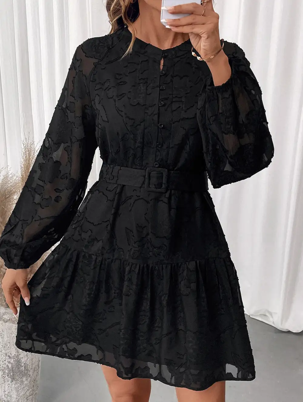 Jacquard Long Sleeve Mini Dress