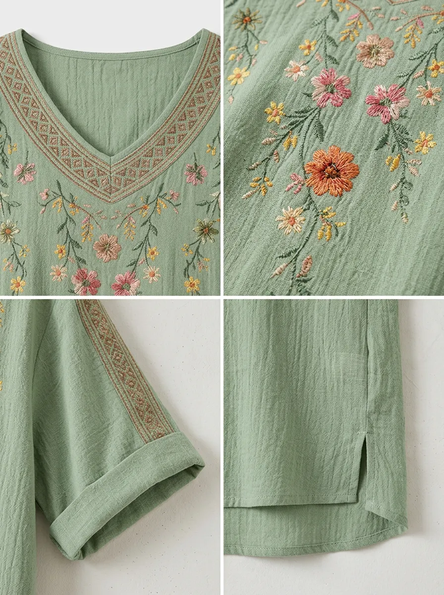 Women's Floral Boho V-Neck Embroidered Printed Short Sleeve T-Shirt