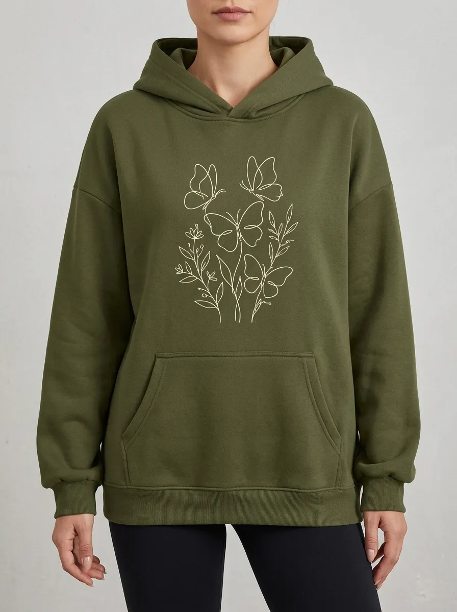 Relaxed Nature Butterfly Floral Line Art Hoodie