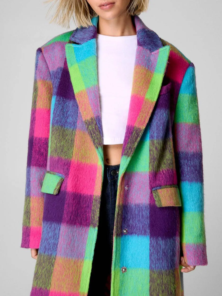 Rainbow Plaid Fuzzy Fleece Long Coat
