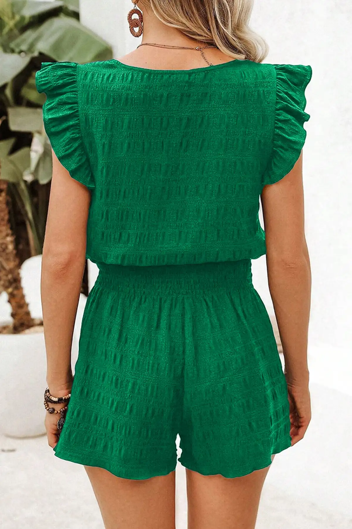 Refined High-Waist Shirred-Waist Textured Two-Piece Top and Shorts Set