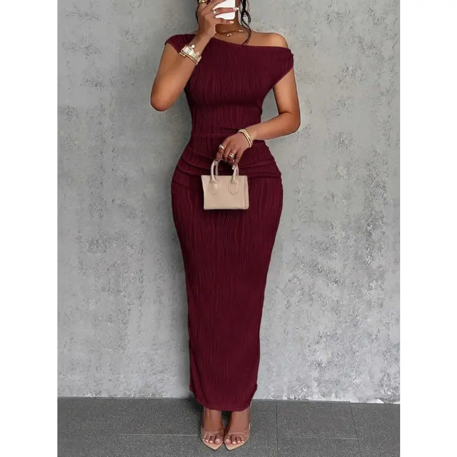 Textured Single Shoulder Bodycon Maxi Dress