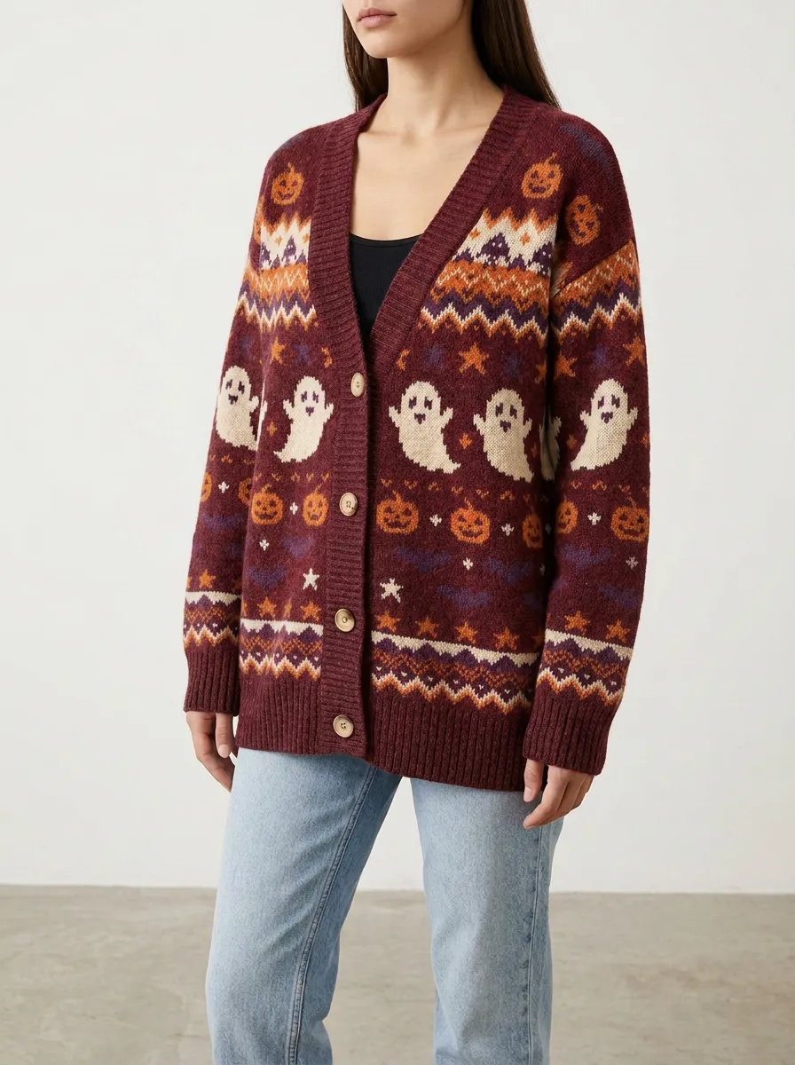 Women's Ghost Pumpkin Halloween Jacquard Knit Cardigan
