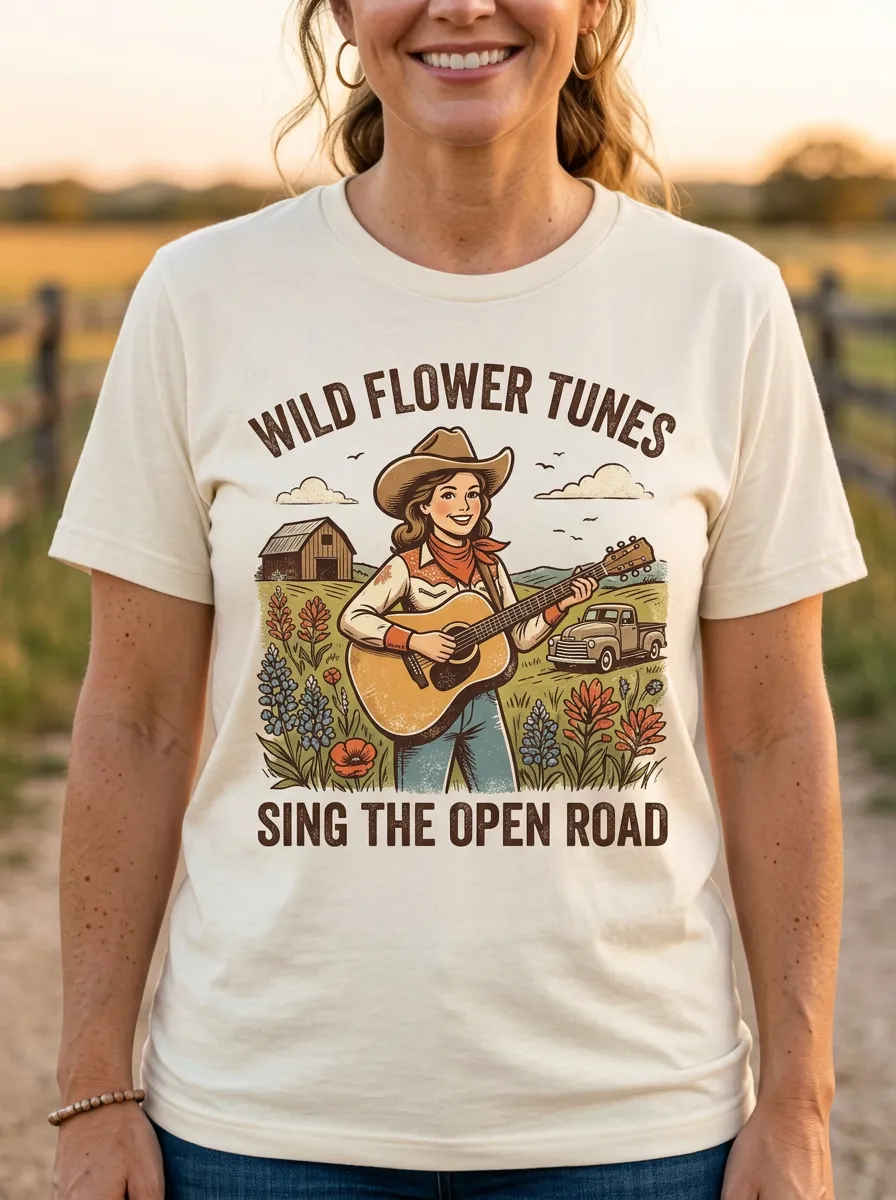 Western-Inspired Music-Themed Women's Country Music Crew-Neck T-Shirt