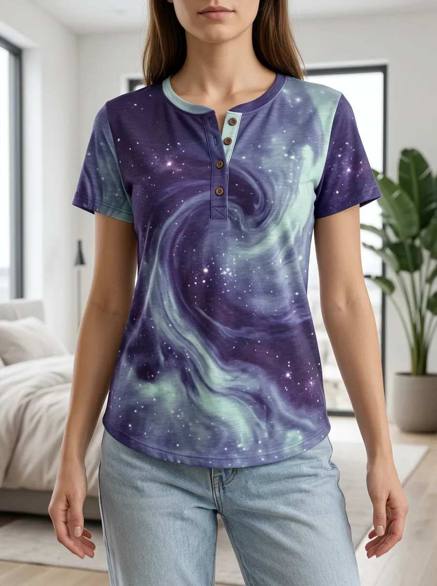 Women's Galaxy Northern Lights Printed Henley T-shirt