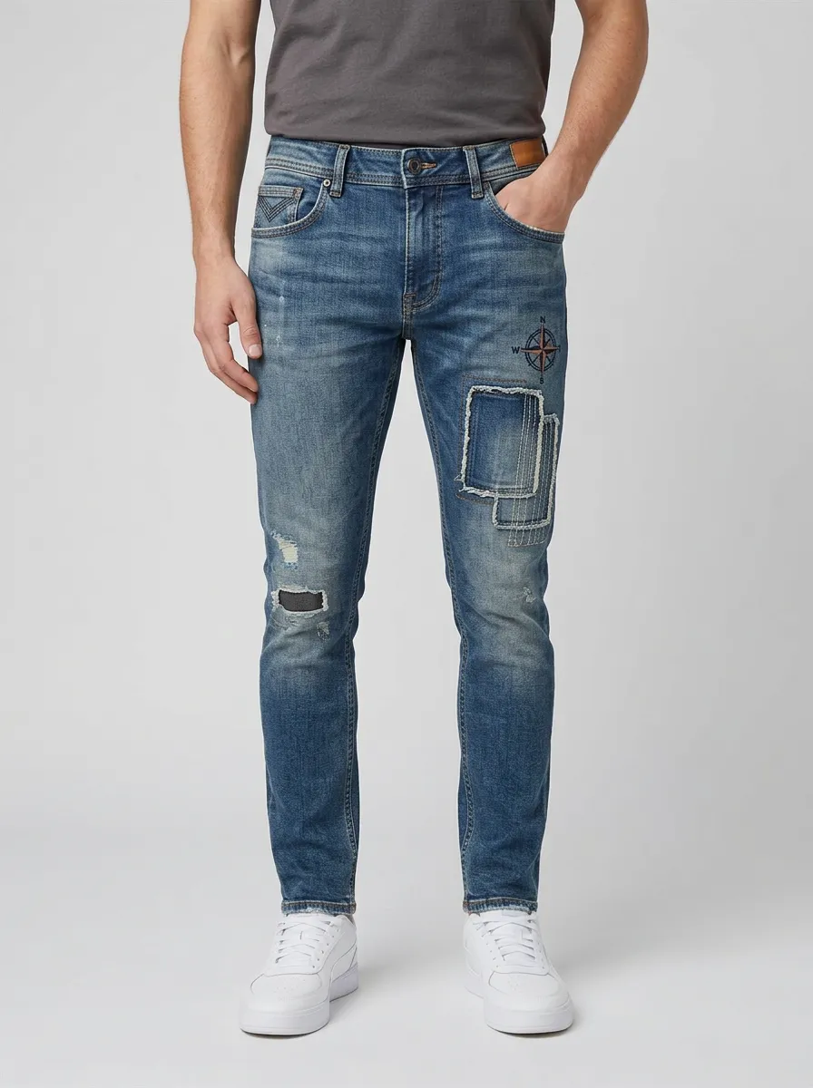 Men's Compass Patchwork Distressed Graphic Slim-Fit Jeans