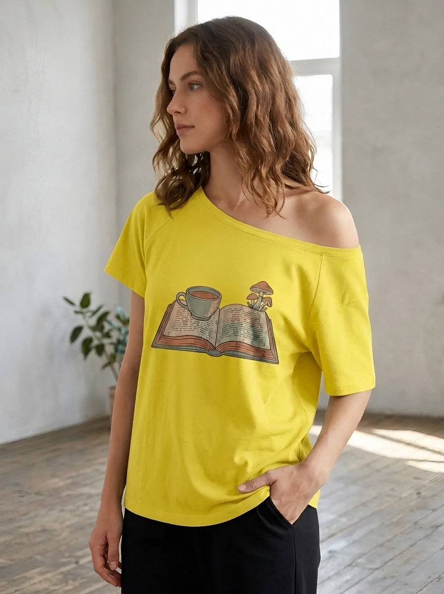 Women's Book Lover Coffee Mushroom Printed Off-Shoulder Top
