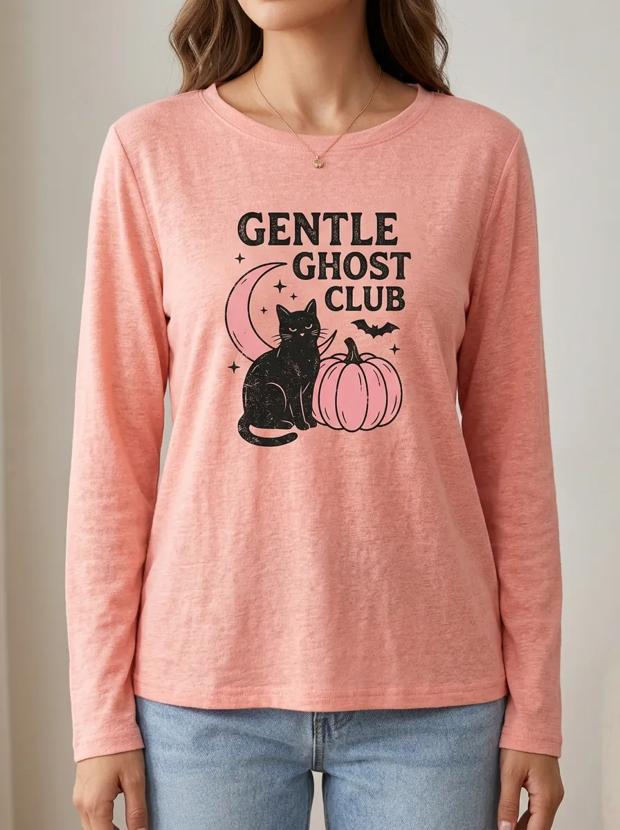 Ghost Pumpkin -Cat Halloween Cotton Linen Long Sleeve Top