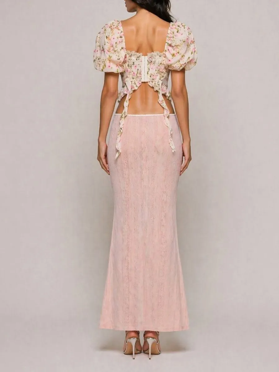 Iliana French-Style Floral Chiffon Top with Square Neckline and Tie Detail