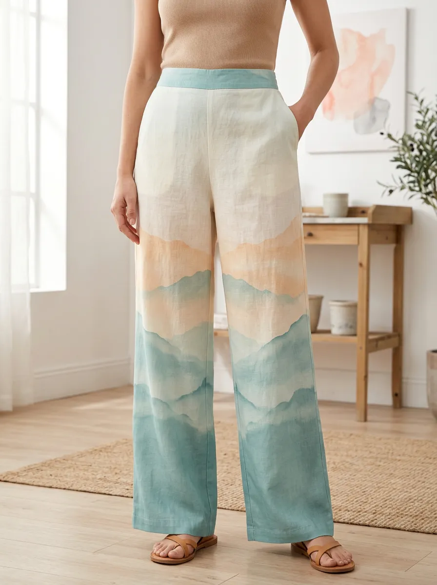 Women's Watercolor Mountain Landscape Printed Wide Leg Pants