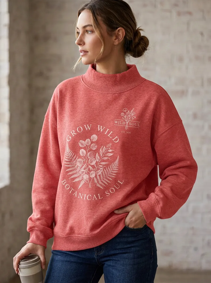 Nature Lover Grow Wild Botanical Mock Neck Sweatshirt