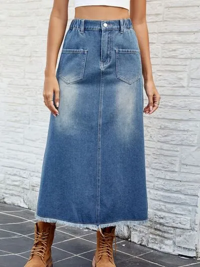 Raw Hem Buttoned Denim Skirt