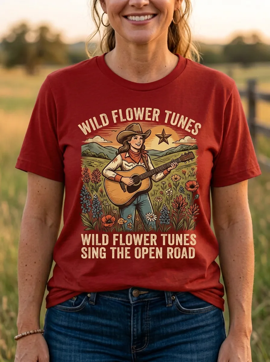 Country-Road Guitar Wildflower Country Music Crewneck T-Shirt