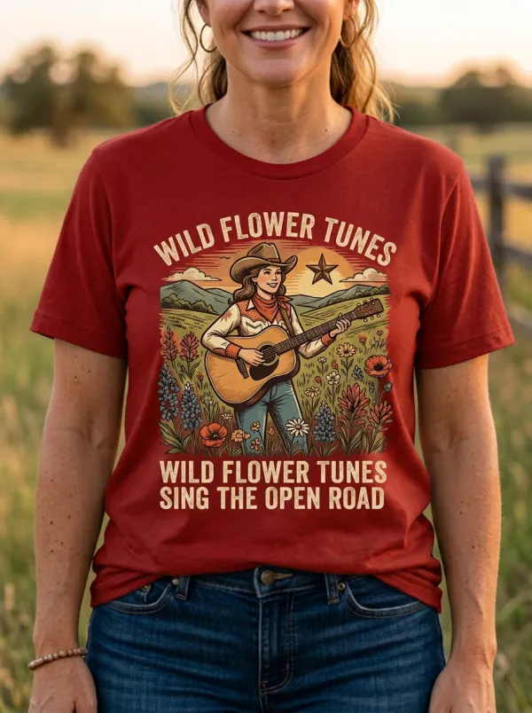 Country-Road Guitar Wildflower Country Music Crewneck T-Shirt
