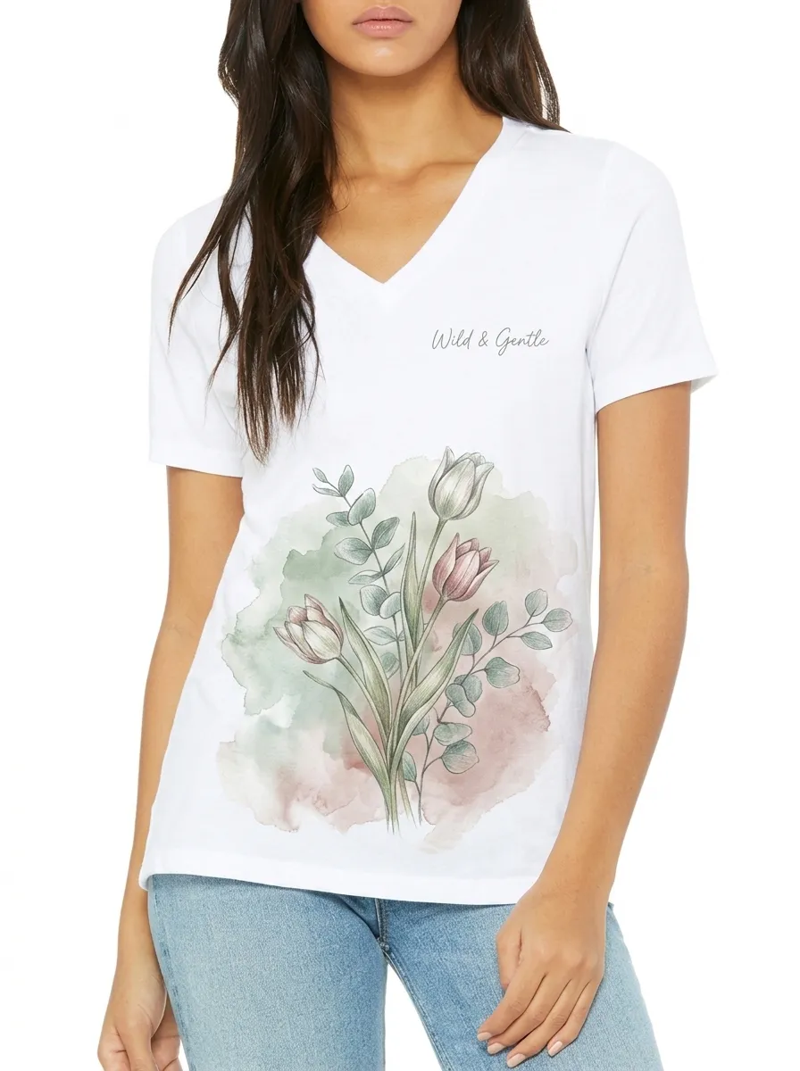 Women's Wild & Gentle Tulip Floral Watercolor Printed V-Neck T-Shirt