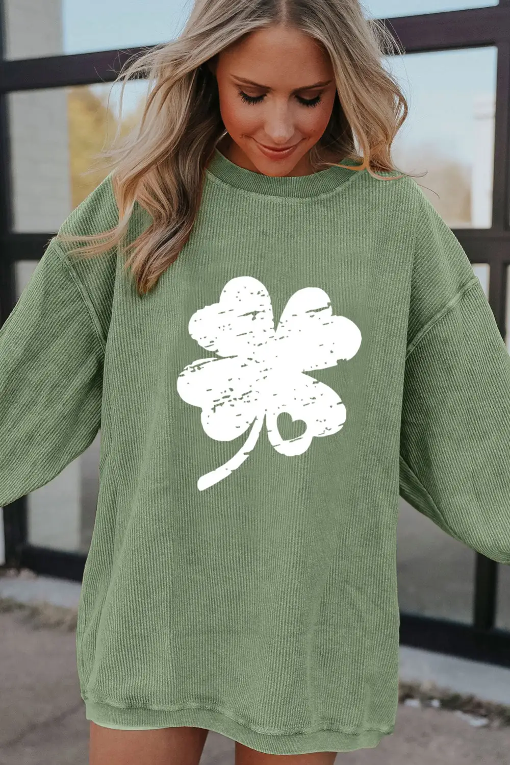 Distressed Clover Print St Patricks Corded Sweatshirt