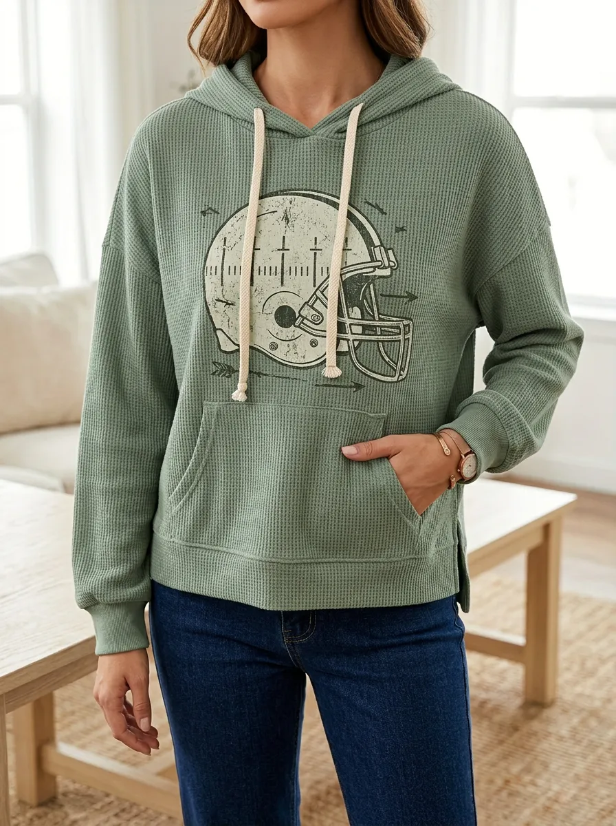 Women's Varsity Football Fan Vintage Helmet Printed Waffle Hoodie